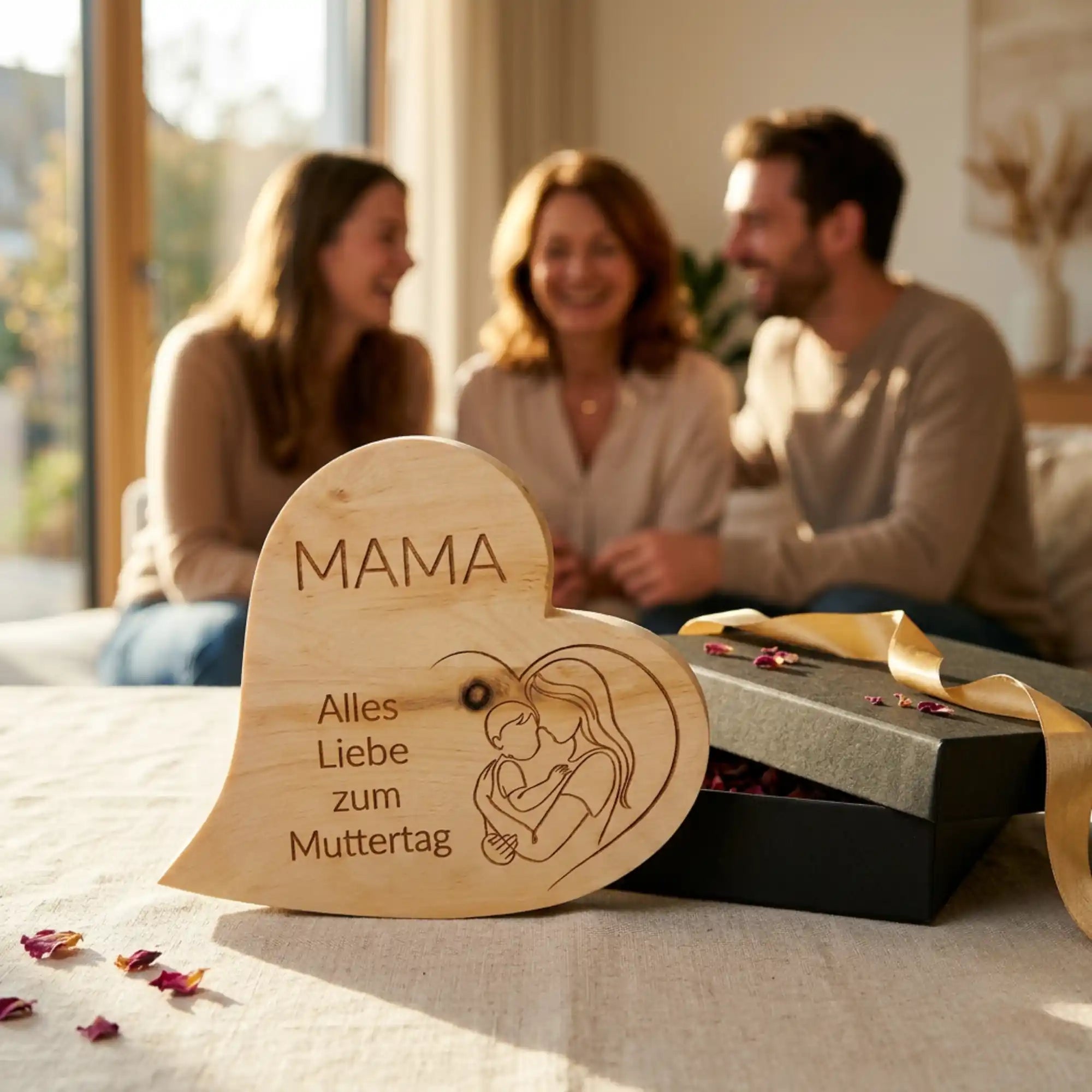 Zirbenherz Mutterliebe als Muttertagsgeschenk 2026 mit feiner Mutter-Kind-Illustration auf Tisch mit Rosenblueten und Familie.