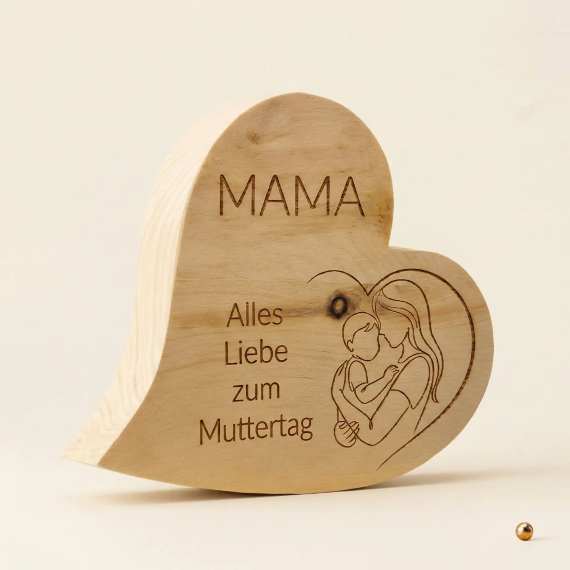 Massives Zirbenherz Mutterliebe mit moderner Mutter-Kind-Zeichnung im Line-Art Stil als Muttertagsgeschenk 2026.