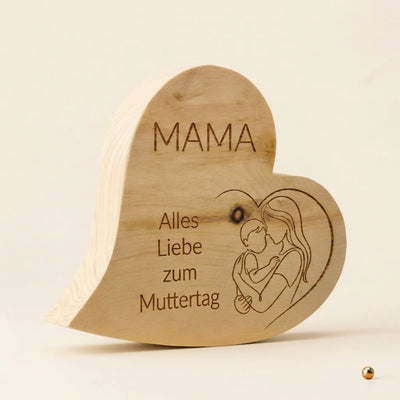 Massives Zirbenherz Mutterliebe mit moderner Mutter-Kind-Zeichnung im Line-Art Stil als Muttertagsgeschenk 2026.