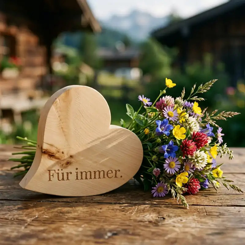 Zirbenherz mit Gravur neben frischem Blumenstrauss auf Holztisch.
