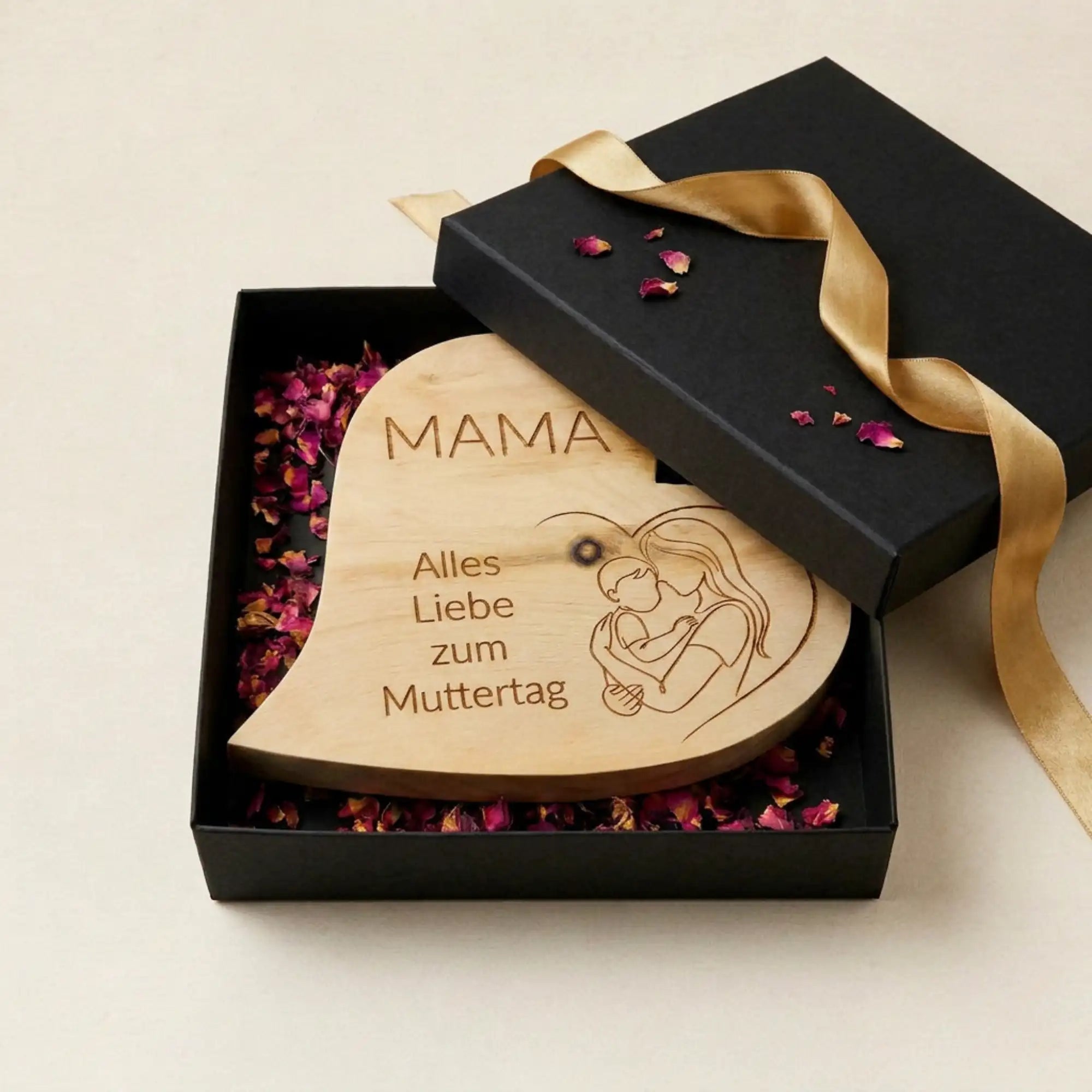 Blick in die halb geoeffnete schwarze Box mit dem Zirbenherz Mutterliebe inklusive Mutter-Kind-Illustration und Rosenblueten als Muttertagsgeschenk 2026.