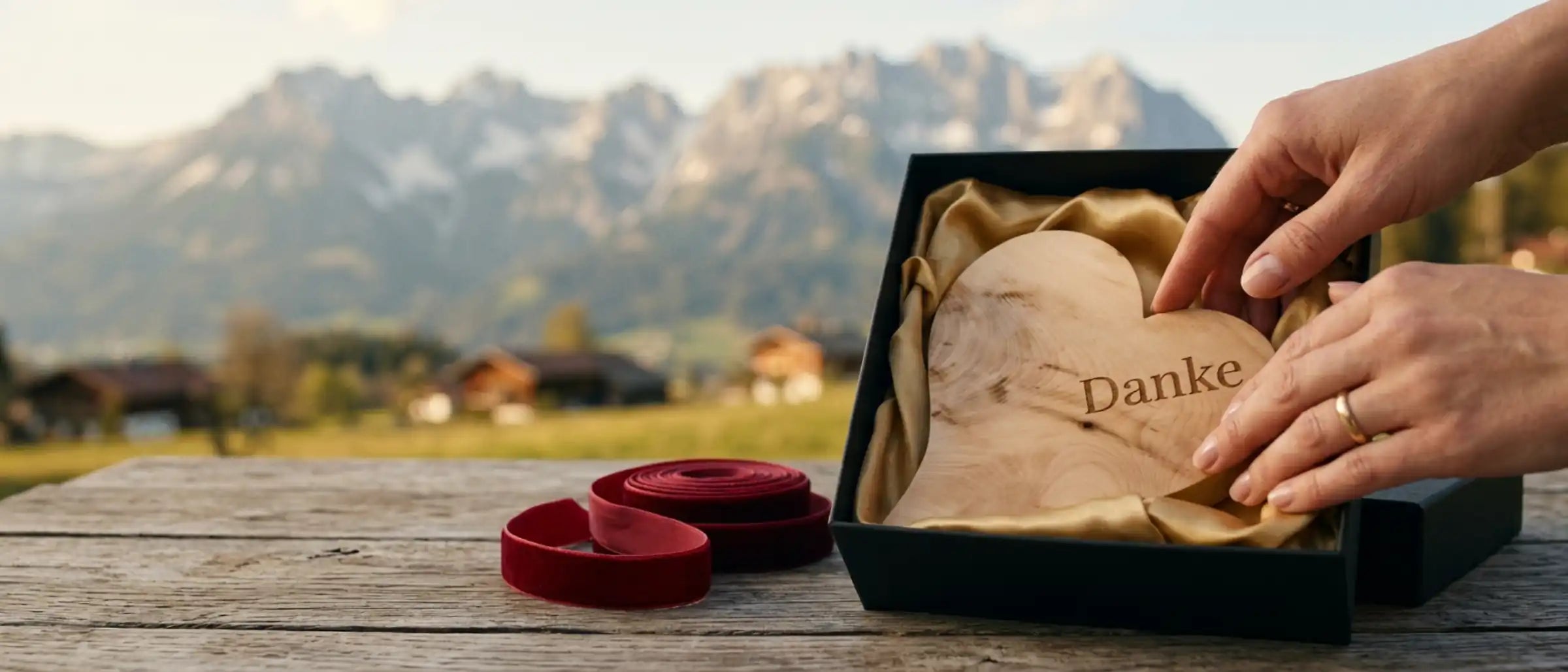 Zirbenherz Muttertagsgeschenk in edler Box vor den Kitzbueheler Alpen.