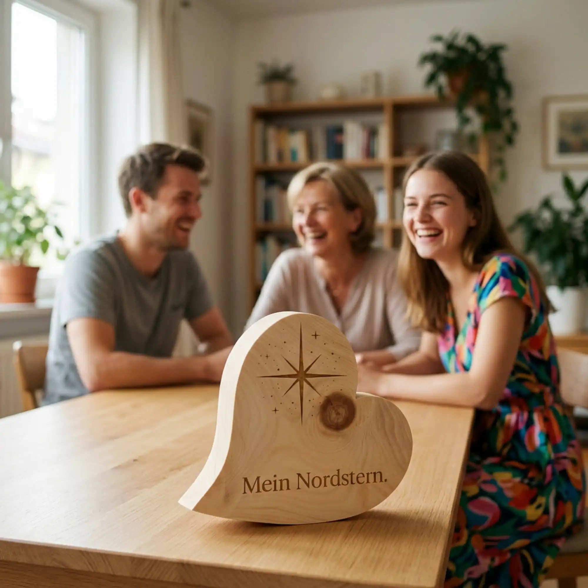 Zirbenherz Muttertagsgeschenk Mein Nordstern im Fokus einer authentischen Familienszene mit Mutter und Kindern in einer gemuetlichen Wohnung.