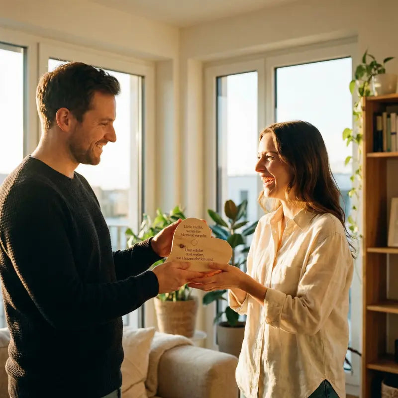 Glueckliches Paar in einer modernen Wohnung bei der Uebergabe eines personalisierten Zirbenherzens mit Fotogravur und individuellem Spruch von GeschenkeReich