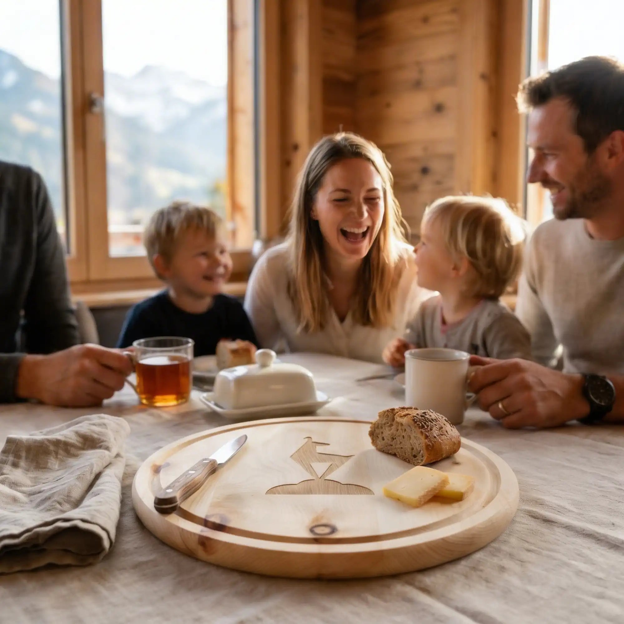 Rundes Zirbenholz‑Jausenbrett mit offiziellem Kitzbuehel Gams‑Logo im Vordergrund eines Familienfruehstuecks mit einer gluecklichen Mutter.