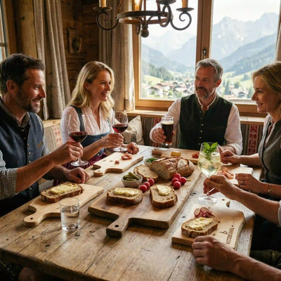 Hotelgaeste essen im Hotel auf Zirbenholz-Jausenbrettern mit lizenziertem Kitzbuehel-Schriftzug.