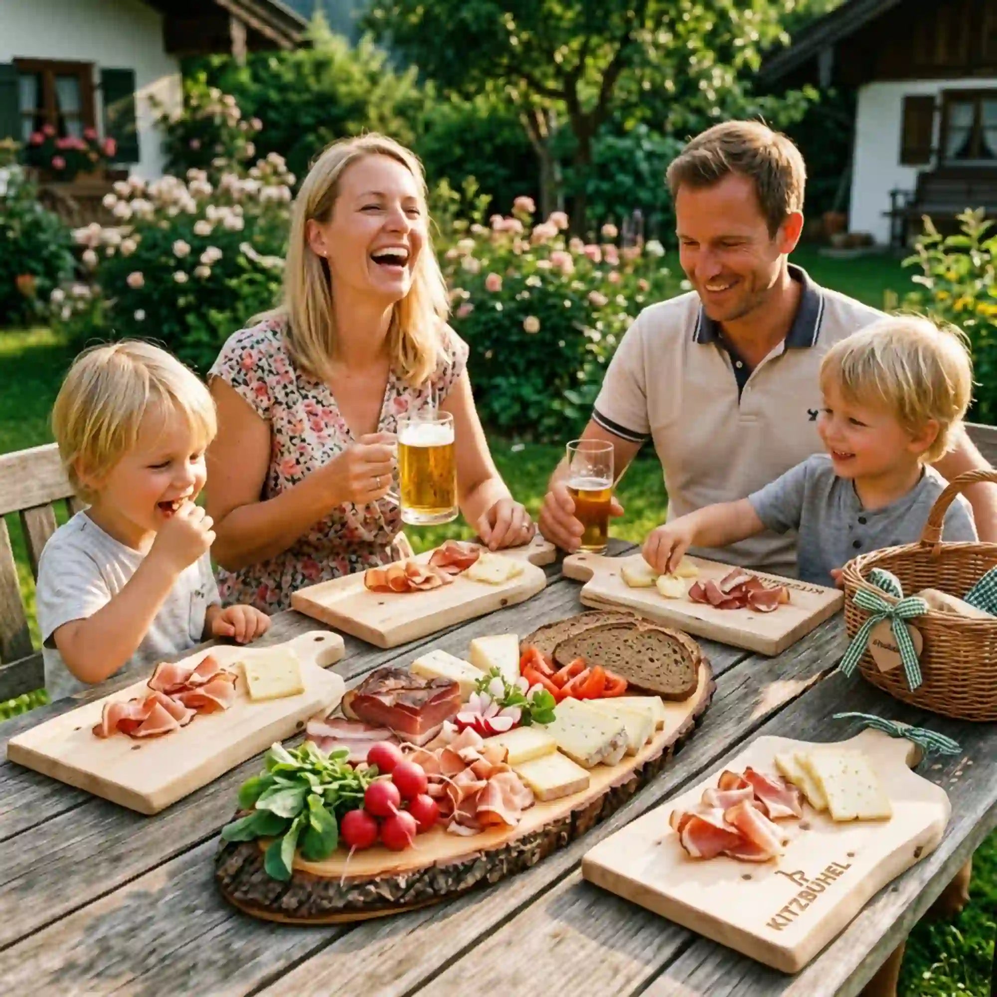 Familie im Garten beim Jausnen mit einem Zirbenholz-Jausenbrett mit lizenziertem Kitzbuehel-Logo.