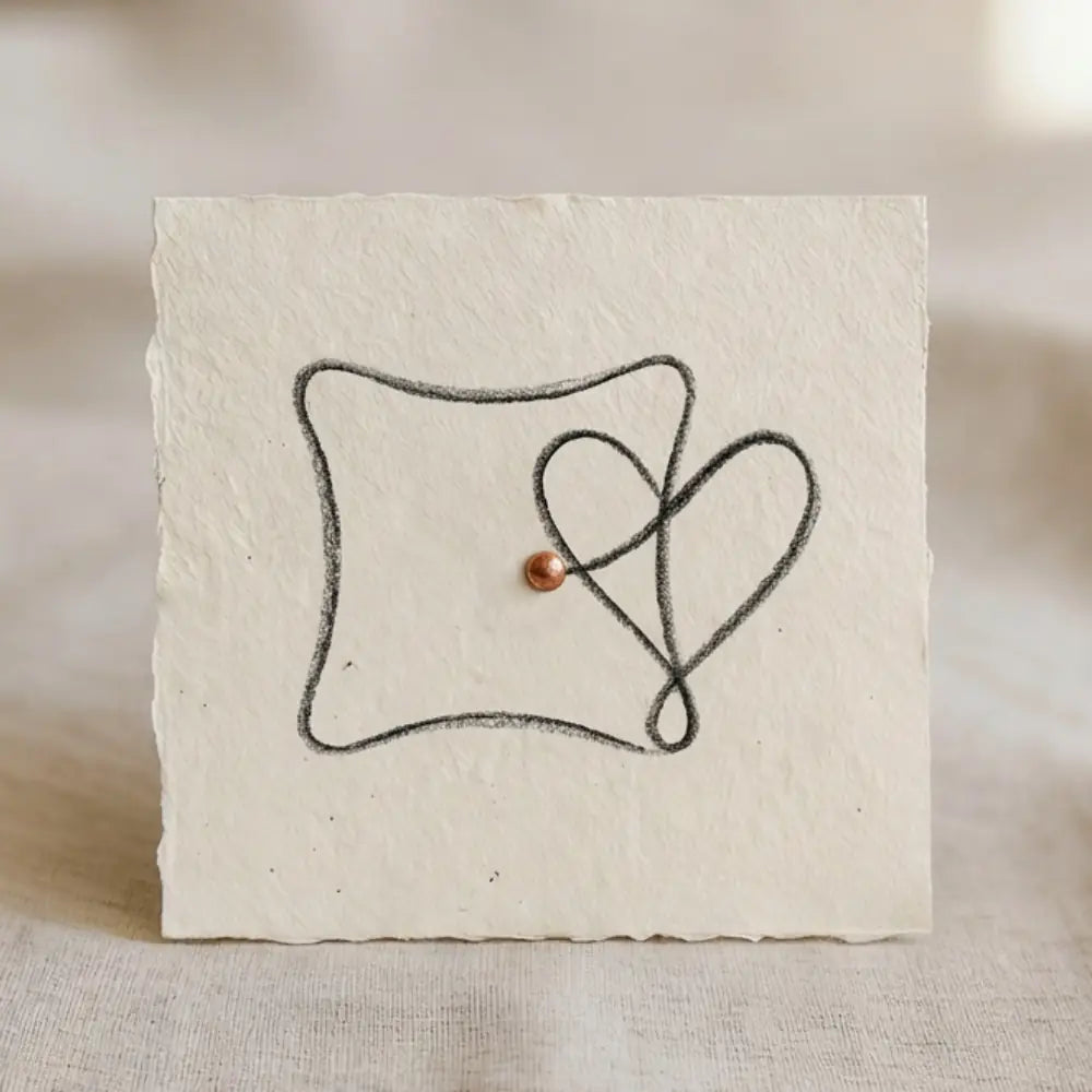 Minimalistische Linienzeichnung, die eine Kissenform mit einem Herzmotiv zu einer Silhouette verbindet.