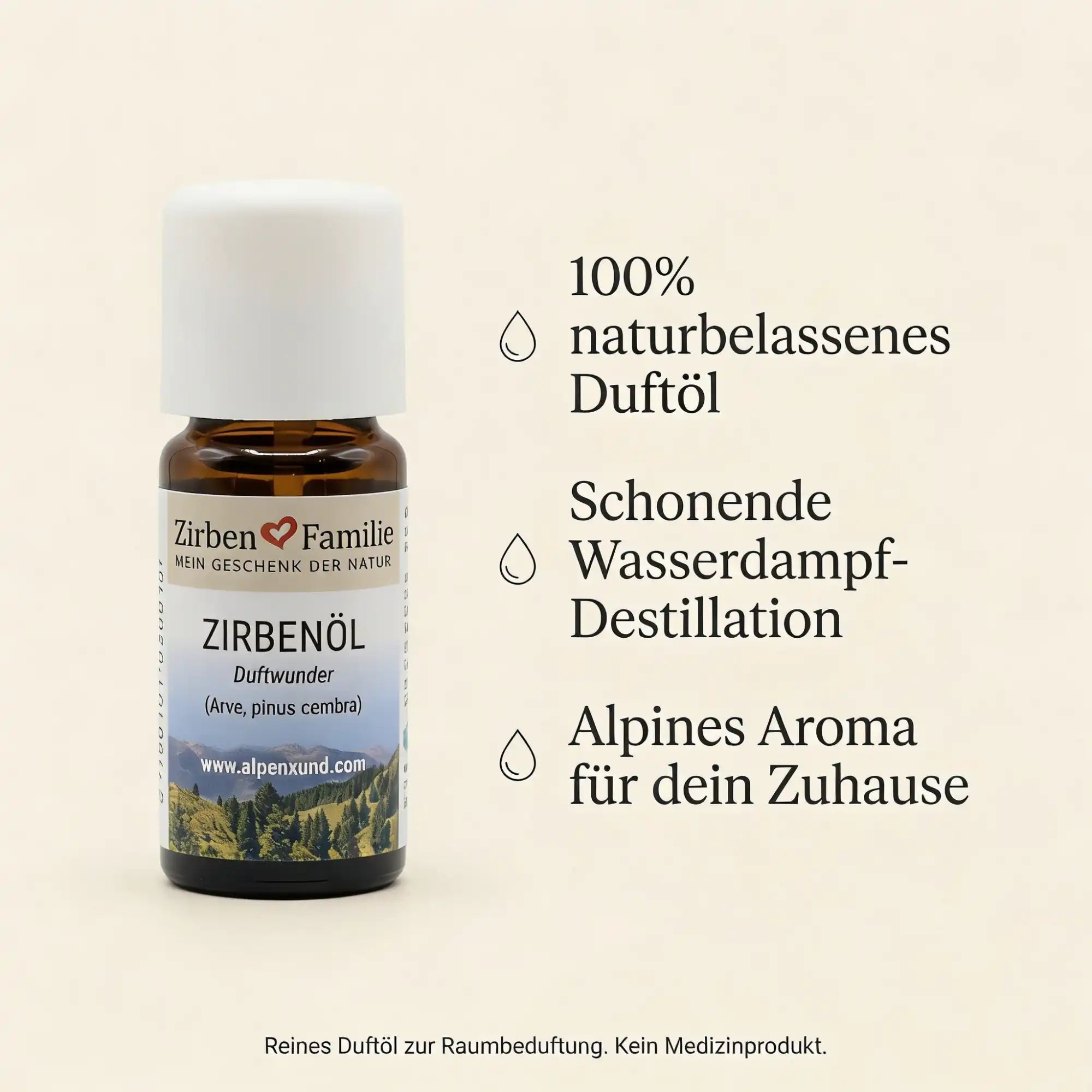 Zirbenoel Infografik mit Details zur Herstellung und Anwendung als naturbelassenes Duftoel von GeschenkeReich Kitzbuehel.