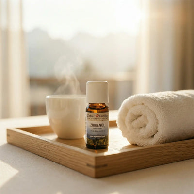 Zirbenoel Flasche in luxurioeser Spa Umgebung mit Bergblick, alpine Wellness Momente und Geschenkidee von GeschenkeReich Kitzbuehel.