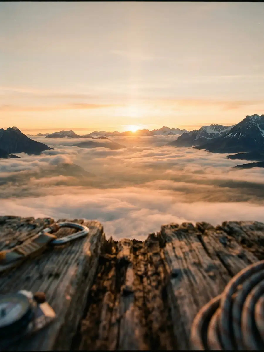 Sonnenaufgang über Kitzbueheler Alpen mit Morgennebel. Heimat unserer handgefertigten Zirbenprodukte von GeschenkeReich.