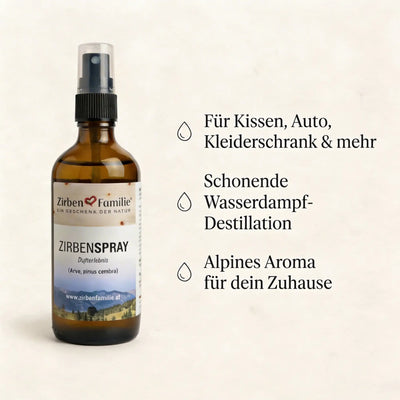 Hochwertige Setkarte für Zirbenspray auf beigem Buettenpapier mit Produktvorteilen wie 100% naturbelassen und Wasserdampf-Destillation.