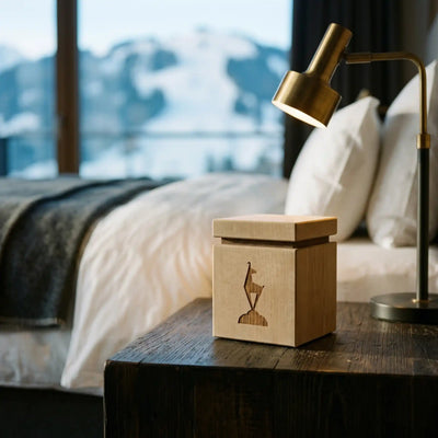 Zirbenwuerfel mit Gams Gravur auf Altholz Nachttisch in Kitzbuehel Suite mit Hahnenkamm Blick.