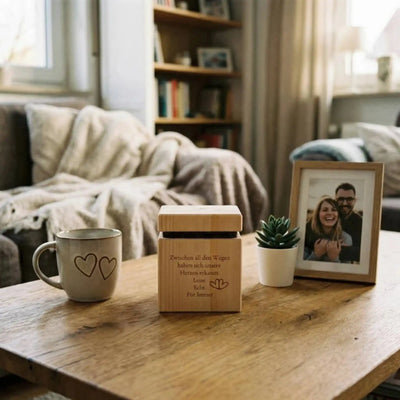 Zirbenwuerfel mit Gravur Modell HerzZeit neben Paarfoto auf Couchtisch als Geschenk durch Lasergravur aus Zirbenholz.