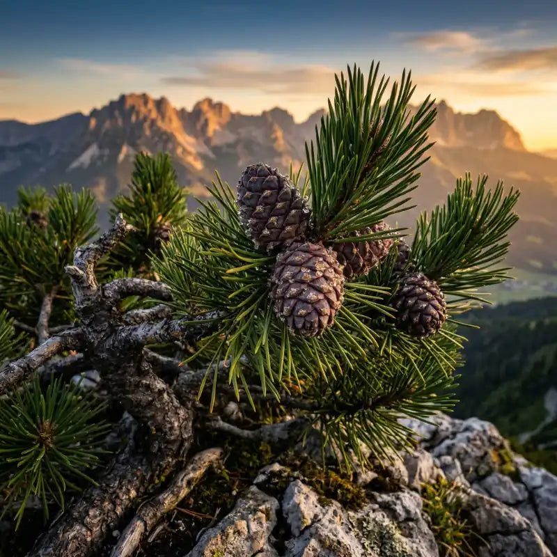 Echte Zirbenzapfen am Ast einer Zirbe in den Kitzbueheler Alpen, der natuerliche Ursprung von GeschenkeReich.